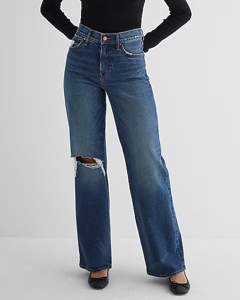 High Waisted Dark Wash Ripped Wide Leg Jeans | Express