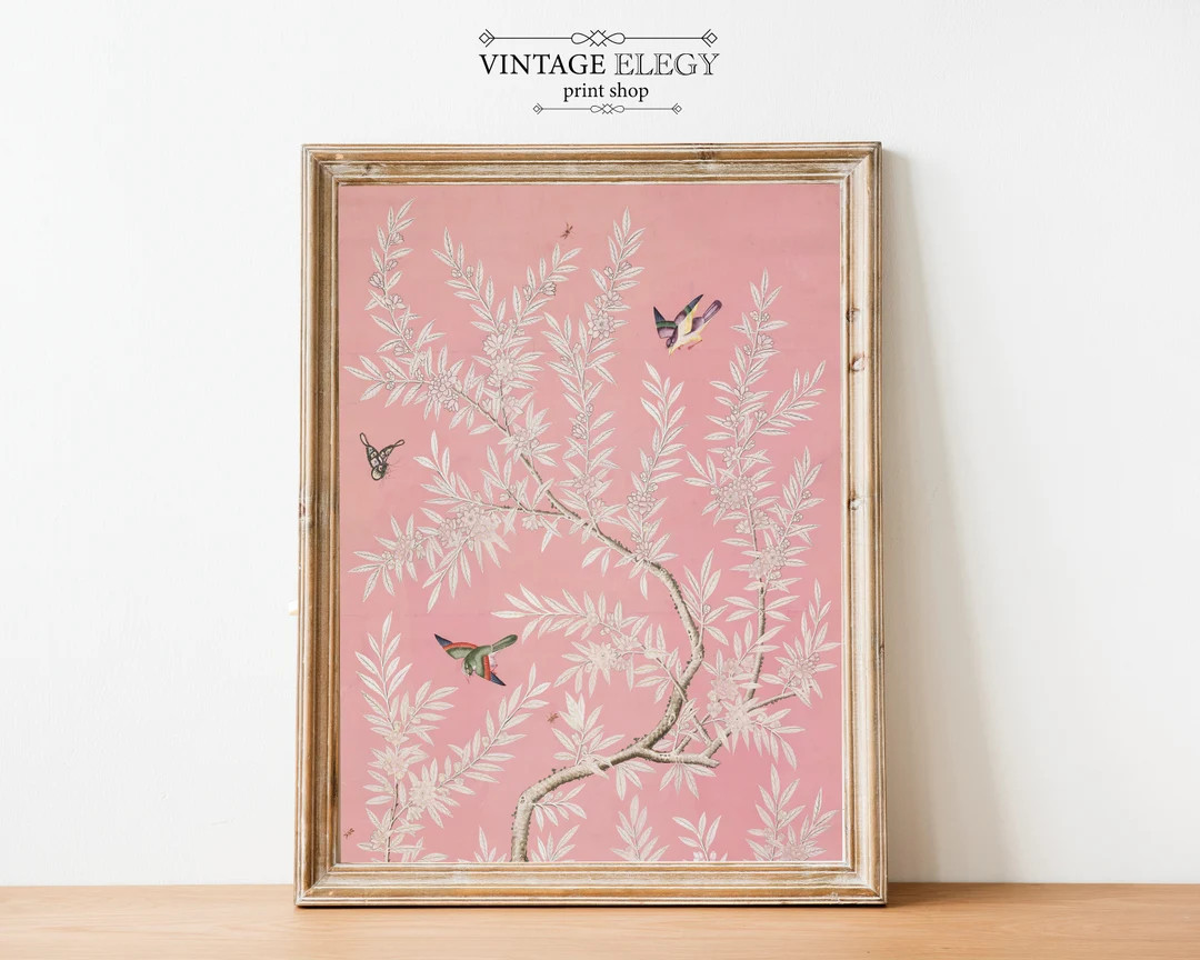 Pink Chinoiserie Art Print / Vintage Flower Botanical Painting / Chinese Art / Bird Art / Nursery... | Etsy (US)