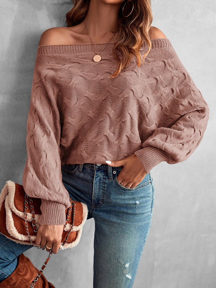 Off Shoulder Batwing Sleeve Textured Sweater | SHEIN