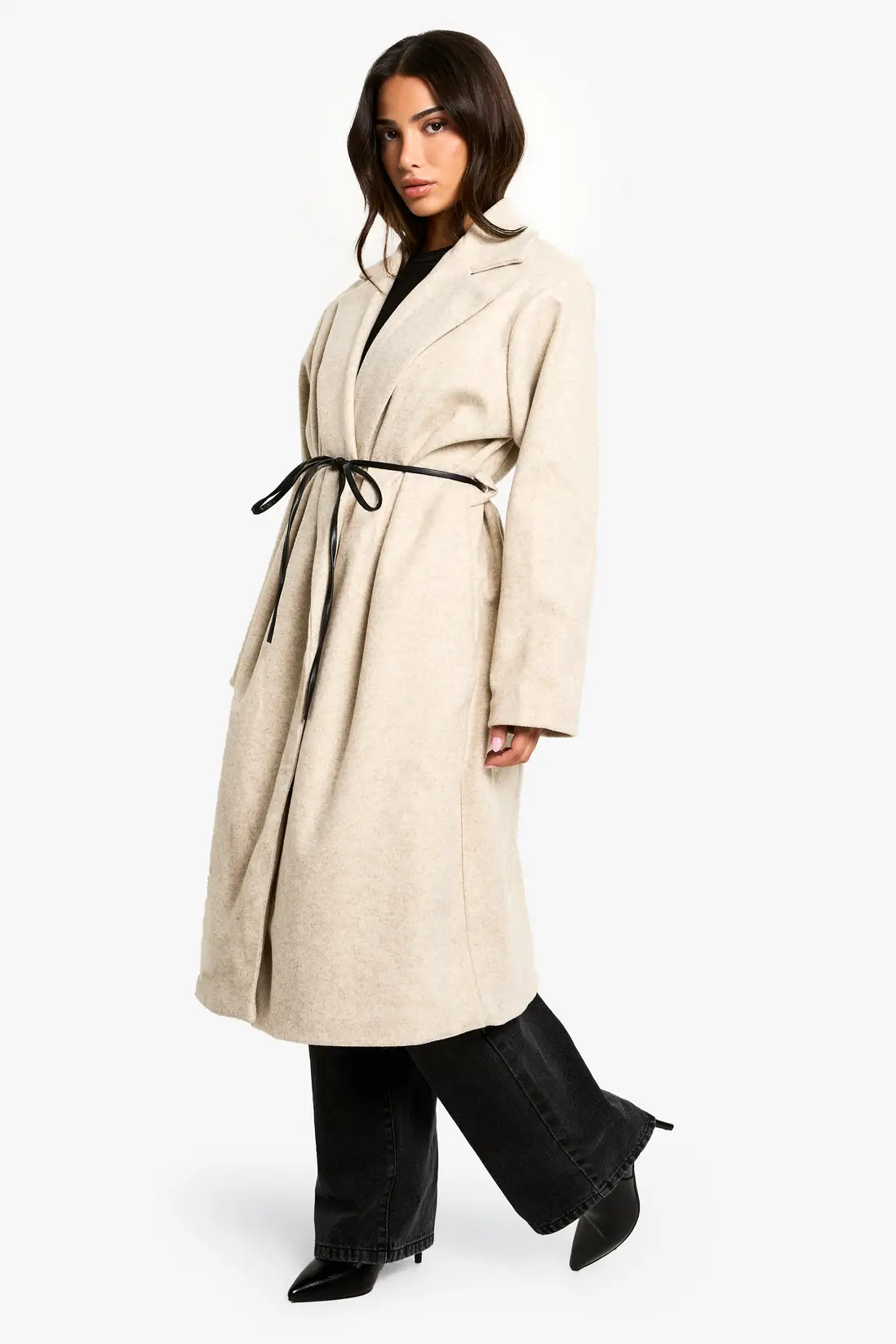 Petite Faux Leather Belt Wool Look Coat | boohoo (US & Canada)