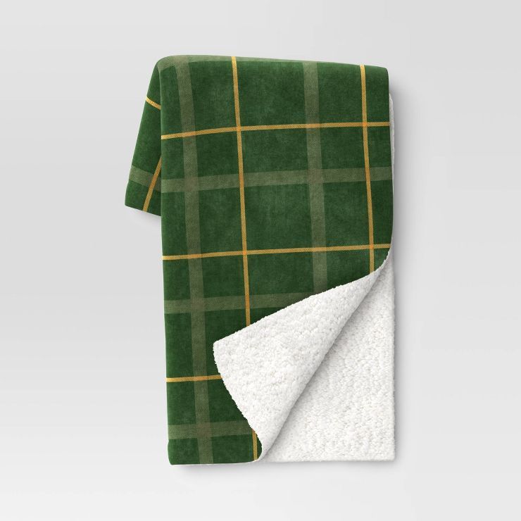 Plaid Printed Plush Christmas Throw Blanket with Faux Shearling Reverse Green - Threshold™ | Target