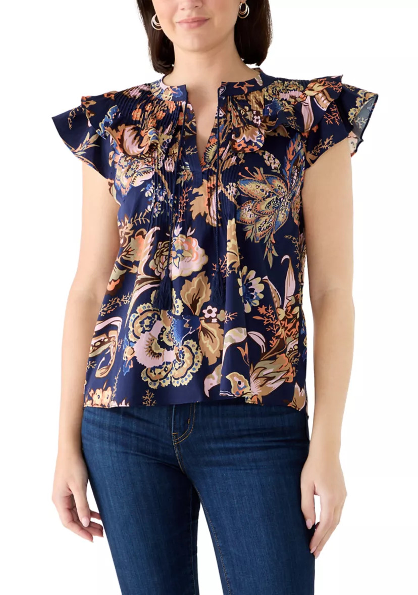 Women's Ruffle Sleeve Bloom Floral Split Neck Blouse | Belk