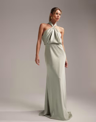 ASOS DESIGN Bridesmaid satin ruched halter neck maxi dress in sage green | ASOS (Global)