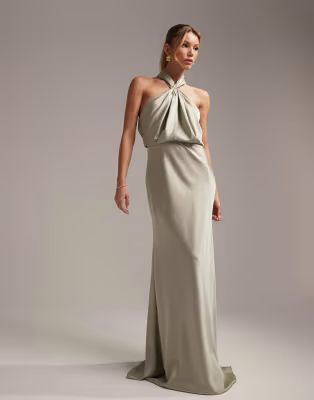 ASOS DESIGN Bridesmaid satin ruched halter neck maxi dress in sage green  | ASOS | ASOS (Global)