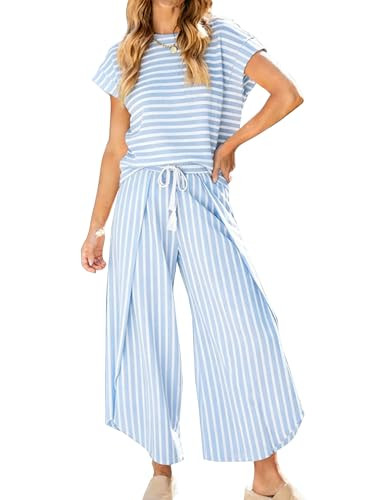 Amazon.com: HangNiFang Womens Summer Striped 2 Piece Outfits Cap Sleeve Open Leg Pant Set Vacatio... | Amazon (US)