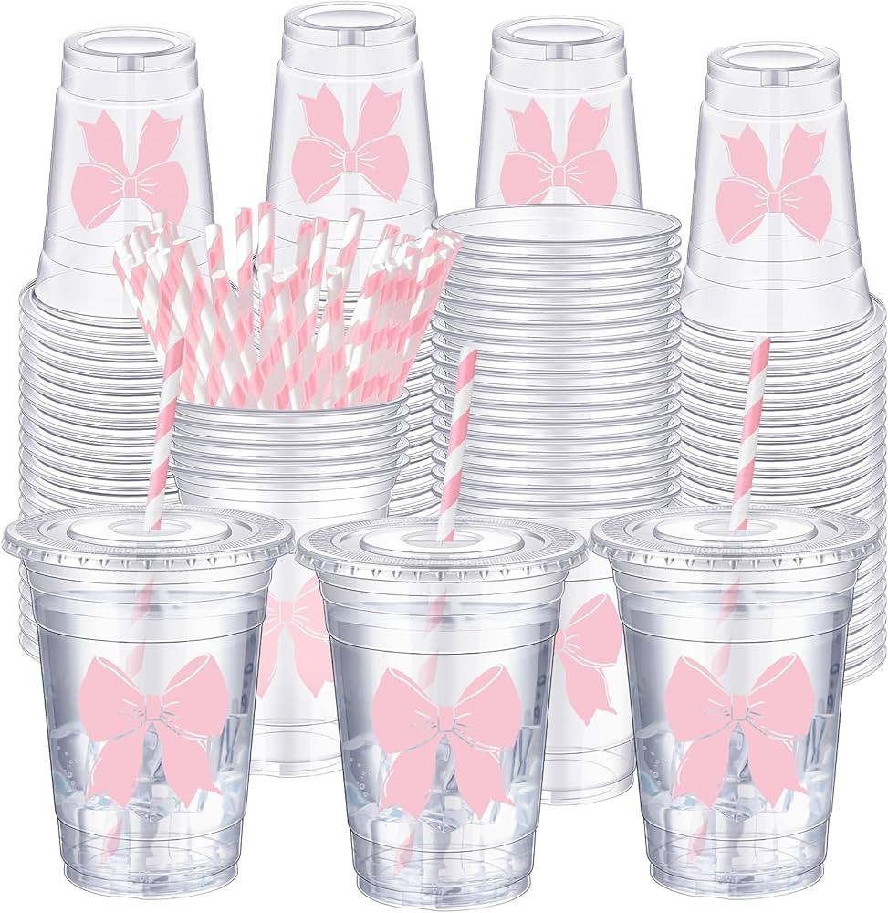 Sliner 50 Pcs 16 oz Coquette Pink Bow Disposable Plastic Cups with Straw for Party Supplies Pink ... | Amazon (US)