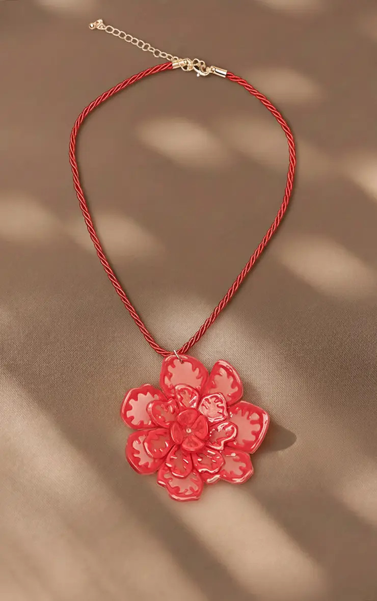 Coral RED Floral Cord Necklace | PrettyLittleThing UK