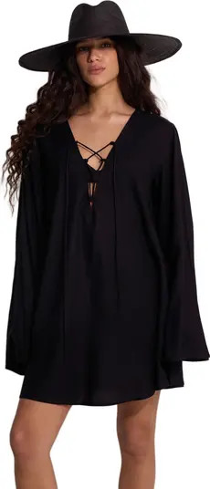 Mist & Sand Mini Dress Cover-Up Black Dress Outfit Black Long Sleeve Dress Black Hat Outfit Ideas | Nordstrom