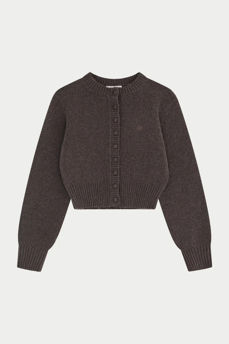EMBLEM EMBROIDERED KNIT CROP CARDIGAN - BROWN | The Couture Club