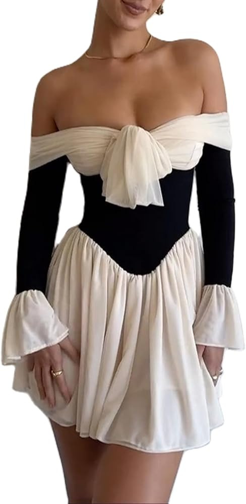Women's Y2K Off Shoulder Mini Dress Long Sleeve Patchwork Flowy Dress Going Out Cocktail Party Dr... | Amazon (US)