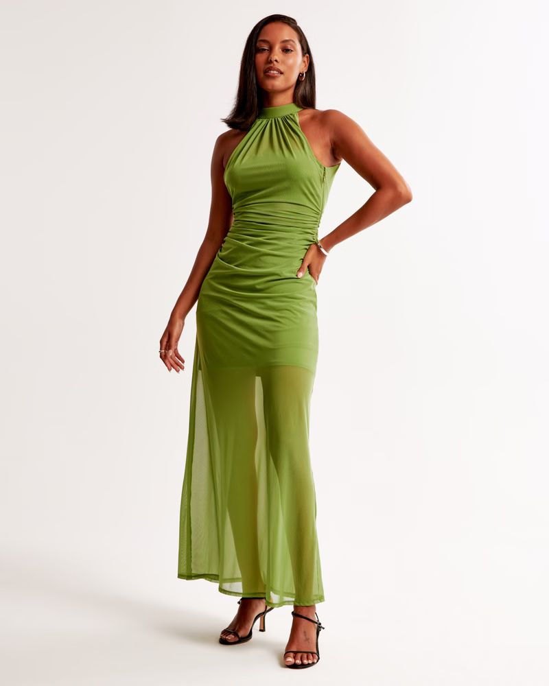 Vol. 28 Sheer Halter Maxi Dress | Green Wedding Guest Dress Green | Abercrombie & Fitch (US)