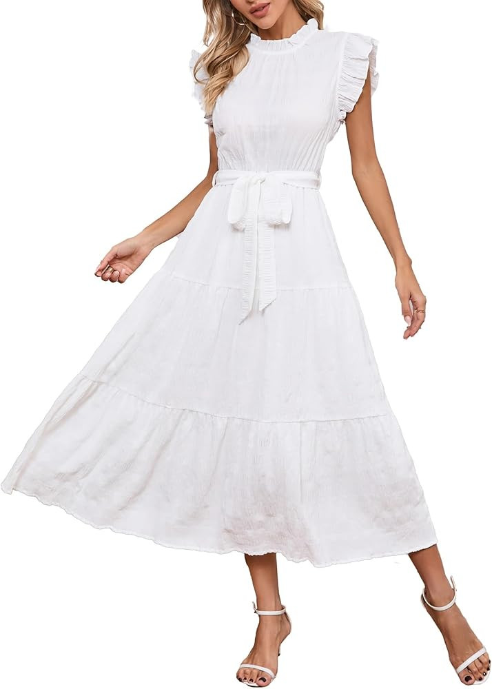 Women's Casual Ruched Cap Sleeve Tiered A Line Long Dress with Belt | Amazon (US)