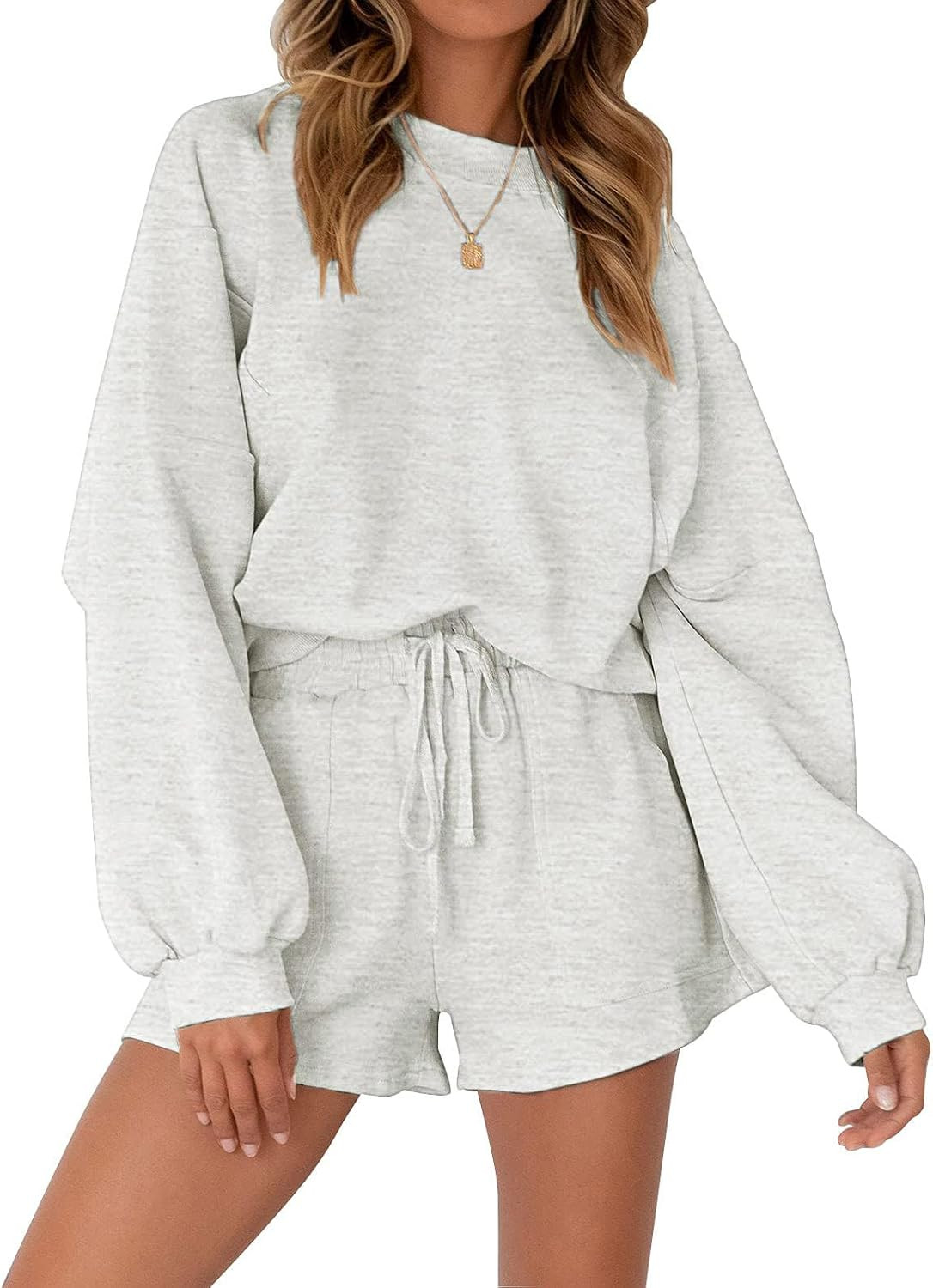 MEROKEETY Women's 2024 Fall Oversized Batwing Sleeve Lounge Sets Casual Top and Shorts 2 Piece Outfits Sweatsuit Light Grey | Amazon (US)
