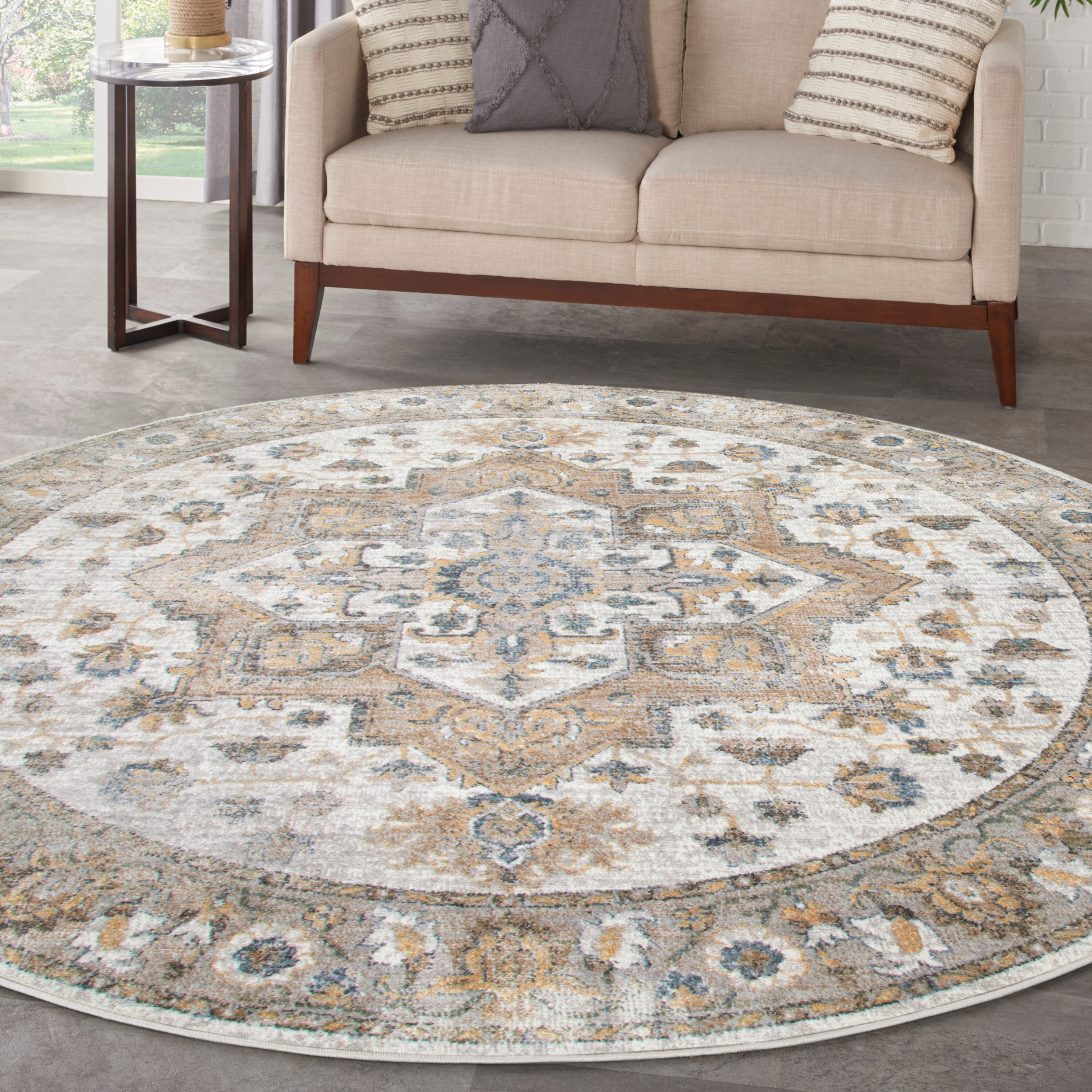 Nourison Home Astra Machine Washable 5 x 5 (ft) Loomed Polyester Silver Grey Round Indoor Medallion Vintage Machine washable Area rug in Gray | Lowe's