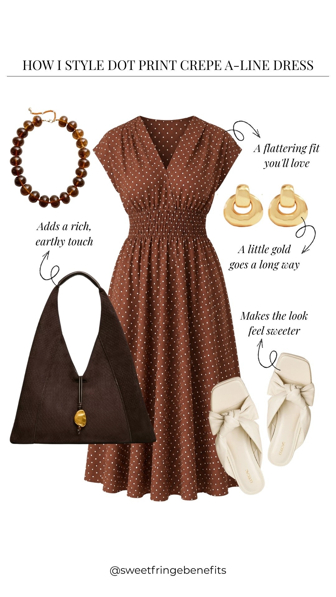 I think this little polka dot dress would be so pretty for lunch or a casual afternoon out. The gathered waist gives it a lovely shape, and those ivory bow sandals are such a sweet finishing touch.