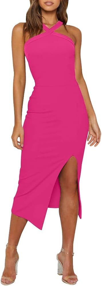 OWIN Women 2026 Sexy Halter Cocktail Wedding Guest Dresses High Waist Bodycon Side Split Formal P... | Amazon (US)