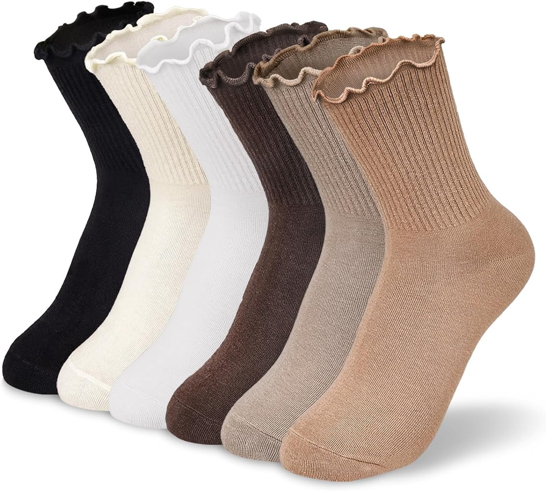 BIVOLU Womens Ankle Socks Ruffle Cotton Cute Frilly Trim Breathable Crew Ruffled Socks 6 Pack | Amazon (US)