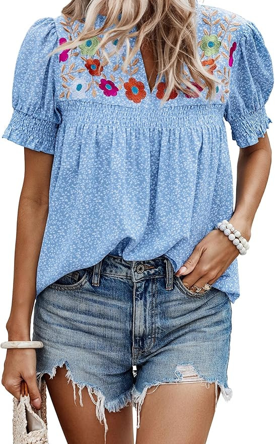 Angashion Womens Tops, Summer Casual Short Sleeve V Neck Solid Flowy Top Loose Tunic Blouses Shir... | Amazon (US)