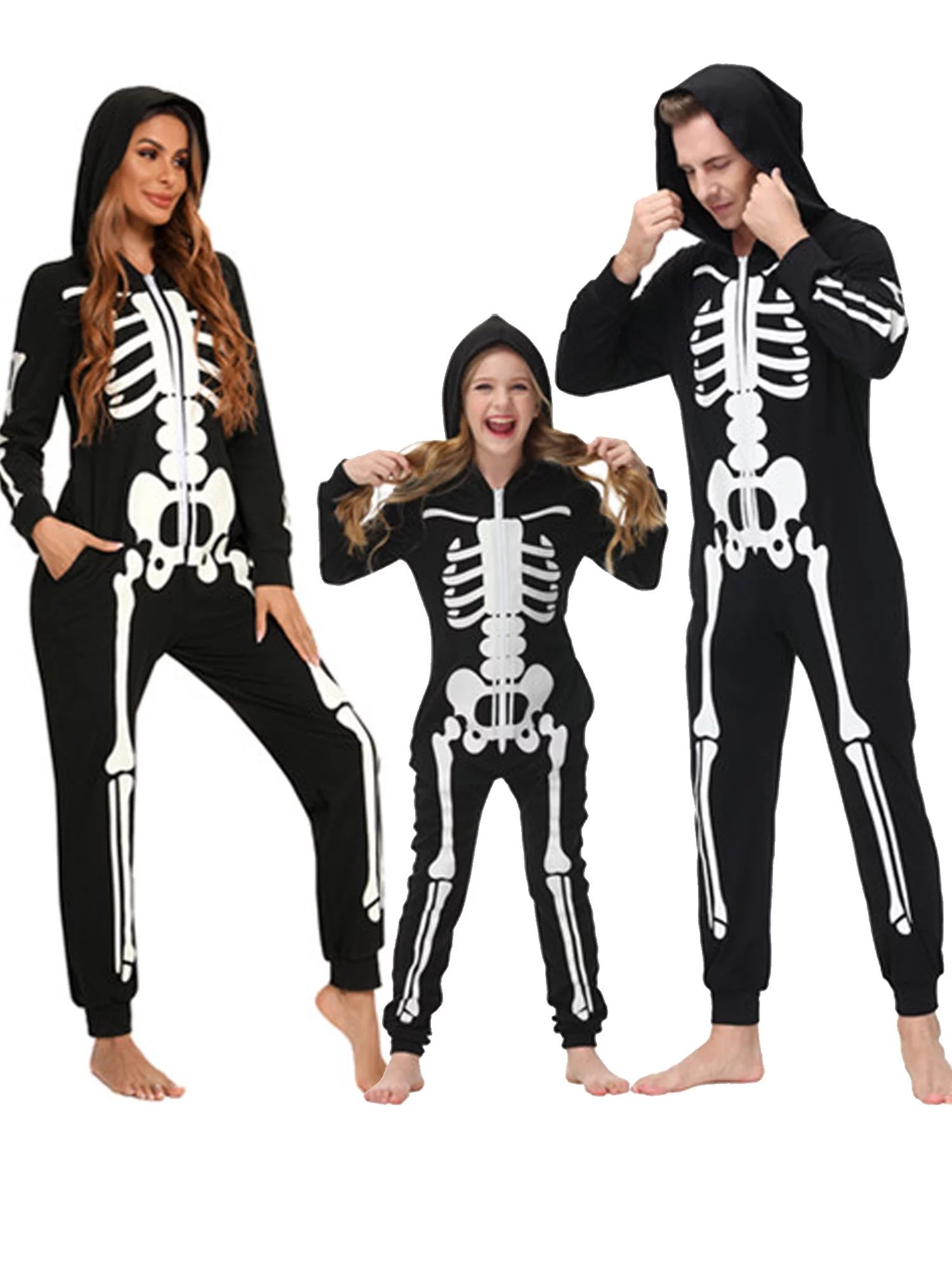 JBEELATE Matching Family Pajamas One-Piece Hooded Halloween Skeleton Pajamas Set - Walmart.com | Walmart (US)