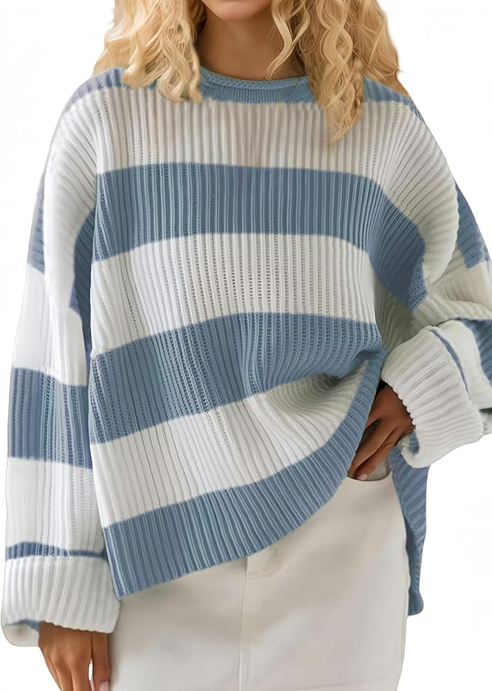 Simier Fariry Womens 2024 Fall Long Sleeve Loose Knit Striped Pullover Sweater Oversized Tunic To... | Amazon (US)