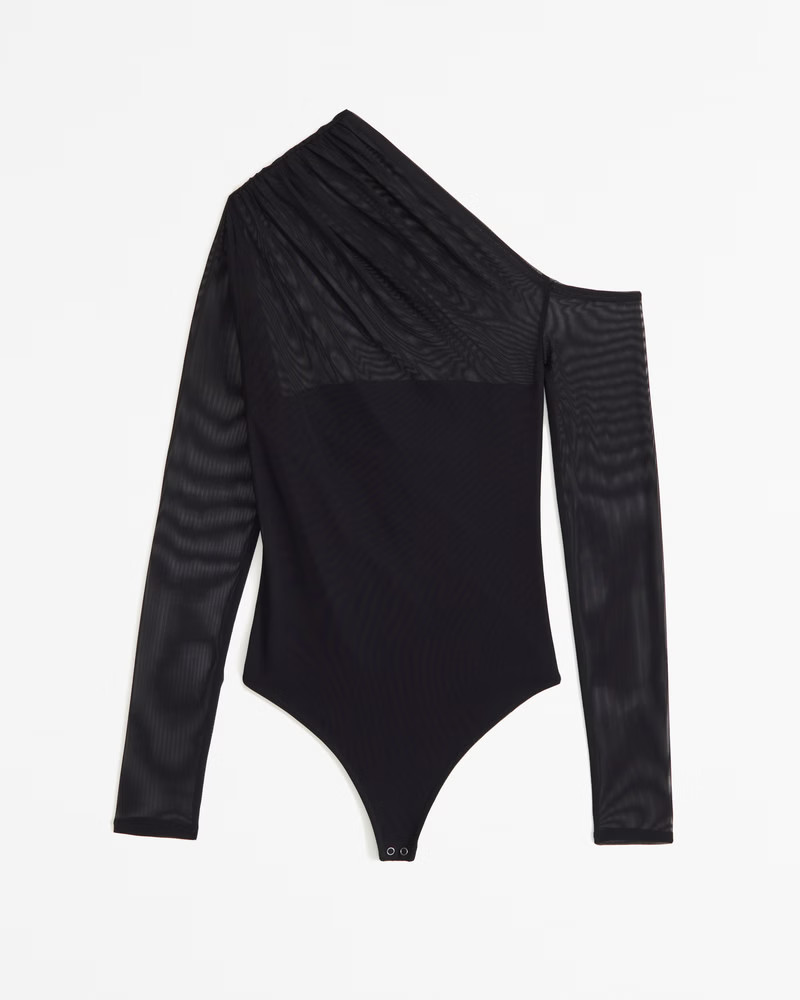 Abercrombie & Fitch Women's Long-Sleeve Asymmetrical Draped Mesh Bodysuit in Black - Size M | Abercrombie & Fitch (US)