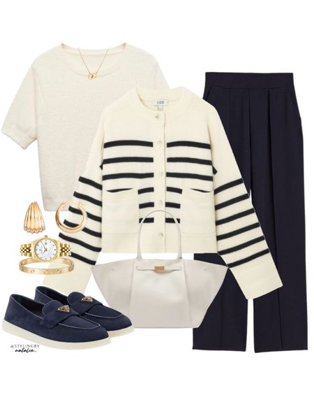 High waisted tailored trousers, stripe knit cardigan, tote bag, Prada loafers, gold jewellery. Work outfit, spring office outfit.

#LTKeurope #LTKworkwear #LTKstyletip