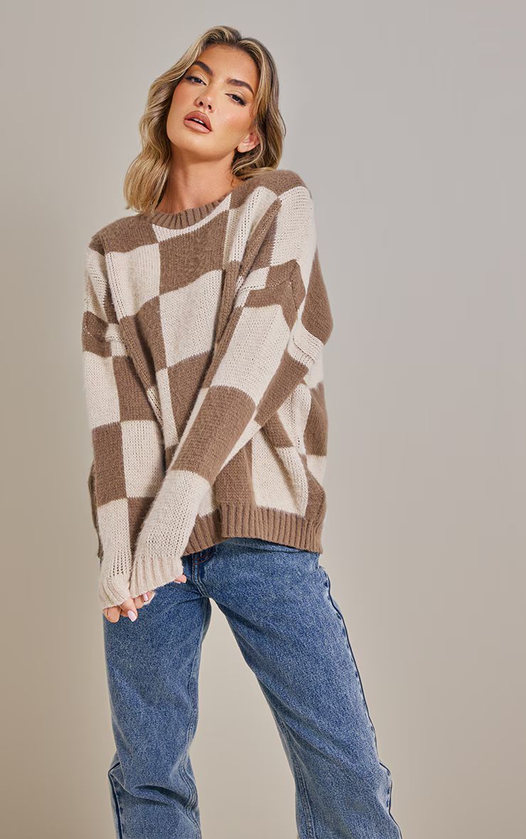Mocha Brushed Oversized Check Sweater | PrettyLittleThing US