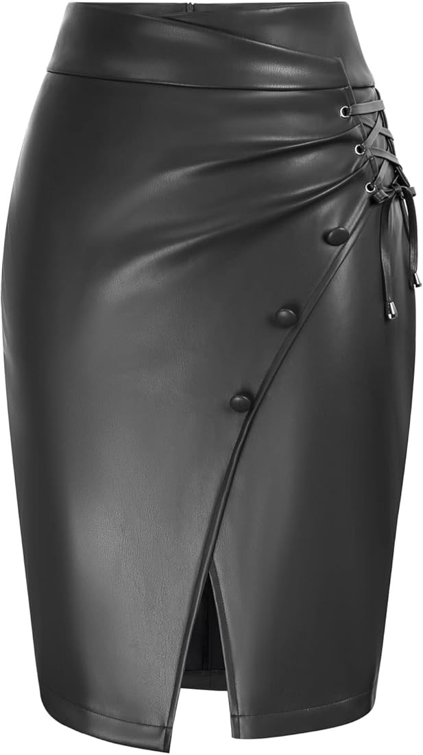 LIUMILAC Women Wrap PU Leather Skirt Split High Waist Midi Bodycon Pencil Skirt | Amazon (US)