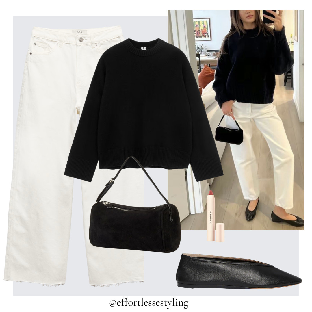 Smart casual white jeans outfit. 

Oversized black cashmere jumper, white wide leg cropped jeans, rose nude lip crayon, black leather ballet flats, black suede mini bag.  

 #LTKuk #LTKautumn #LTKjeans