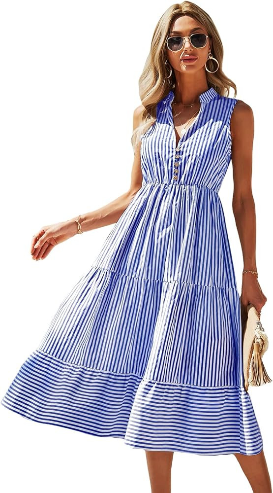 Floerns Women's Striped Print Notched Neck Sleeveless Ruffle A Line Midi Dress | Amazon (US)