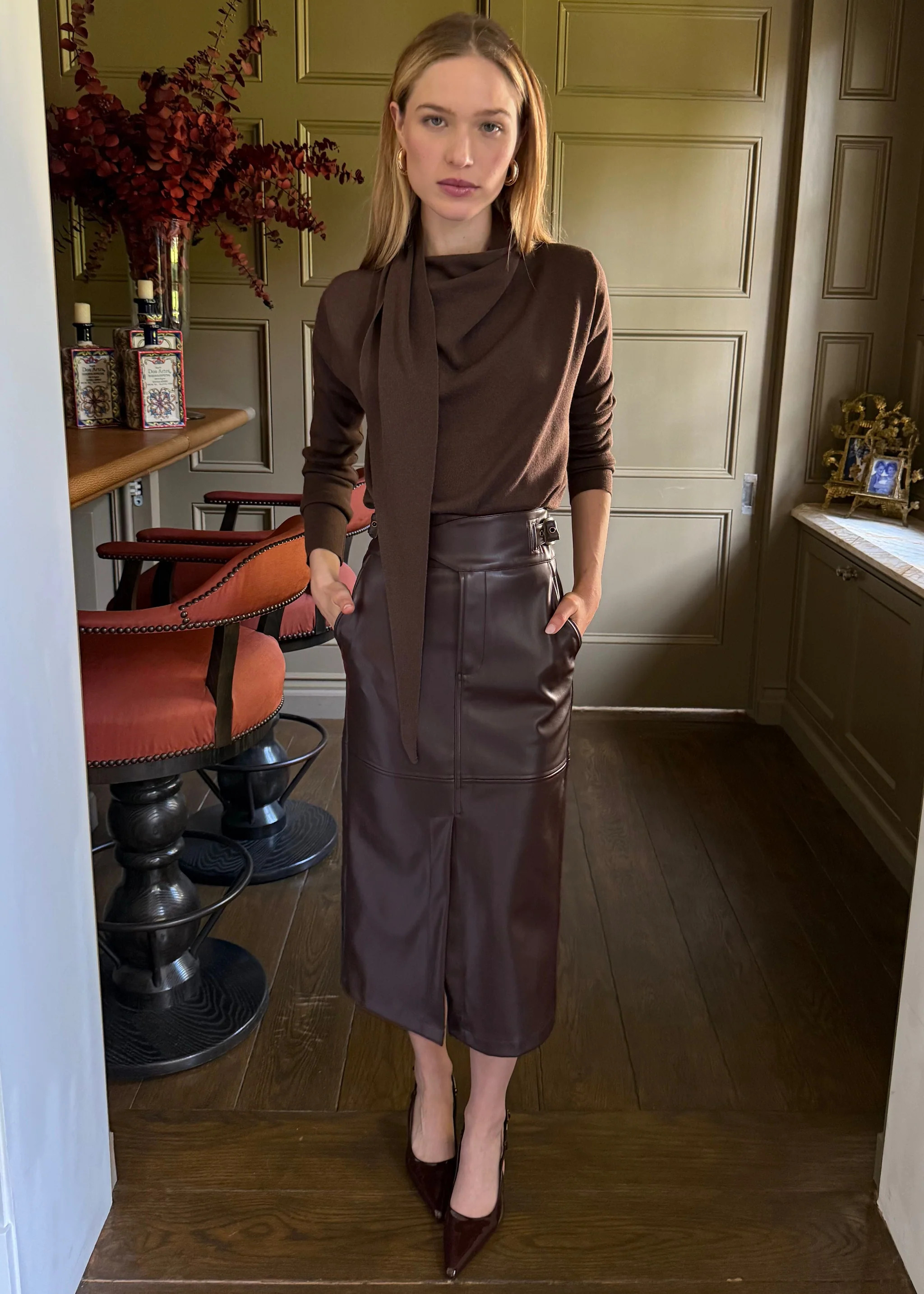 Janine Wrap Neck Long Sleeve Knit Scarf Top - Coffee Brown | Benaar La