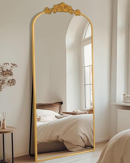 Arched Full Length Mirror, 64"x21" Floor Mirror Freestanding with Carved Metal Frame & Bottom Art... | Amazon (US)