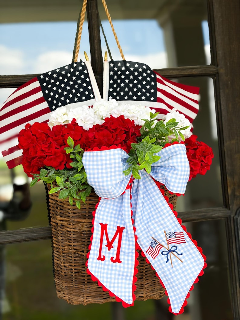 Blue Gingham Patriotic Wreath Sash \u2013 Statement Front Door Bow \u2013 Red White & Blue Door D... | Etsy (Global)