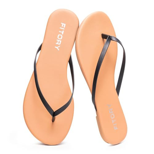 FITORY Women’s Flip Flops, Fashion Casual Thong Walking Slide with Vegan Leather, Comfortable Summer Beach Flat Sandals for 2026 Indoor and Outdoor Black Brown Size 9 | Amazon (US)