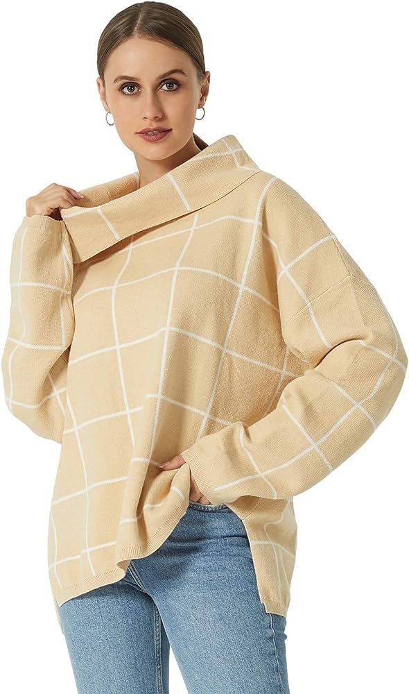 2021 Fall Sweaters for Women Turtleneck Knit Sweater Long Sleeves Pullover Plaid Side Split Checked  | Amazon (US)