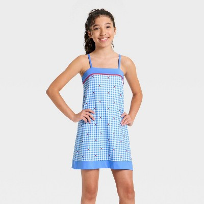 Girls' Printed Athletic Dress - All In Motion™ Vibrant Blue Cherry Gingham L | Target