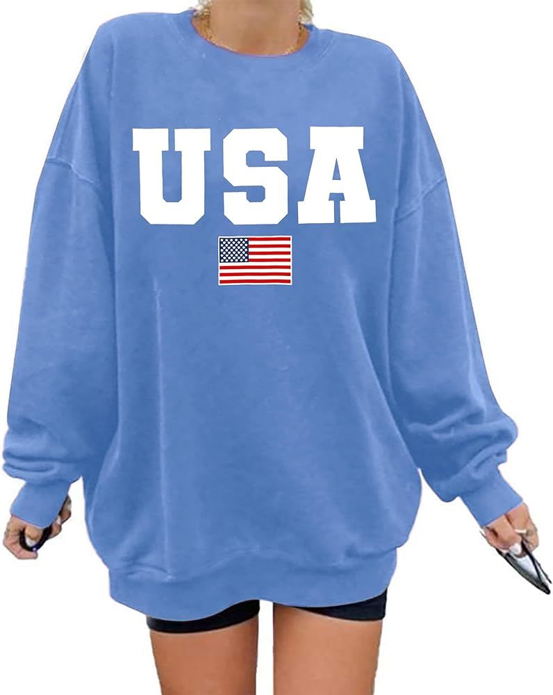 Oversized Usa Sweatshirt Women: Patriotic Tshirt 4th July Shirt Long Sleeve Casual Pullover Tops | Amazon (US)