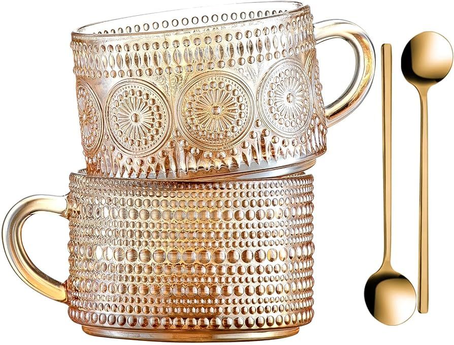 Gezzeny Vintage Coffee Mugs, Glass Coffee Mugs 14 Oz Set of 2 Amber Embossed Glass Cups, Tea Cups... | Amazon (US)