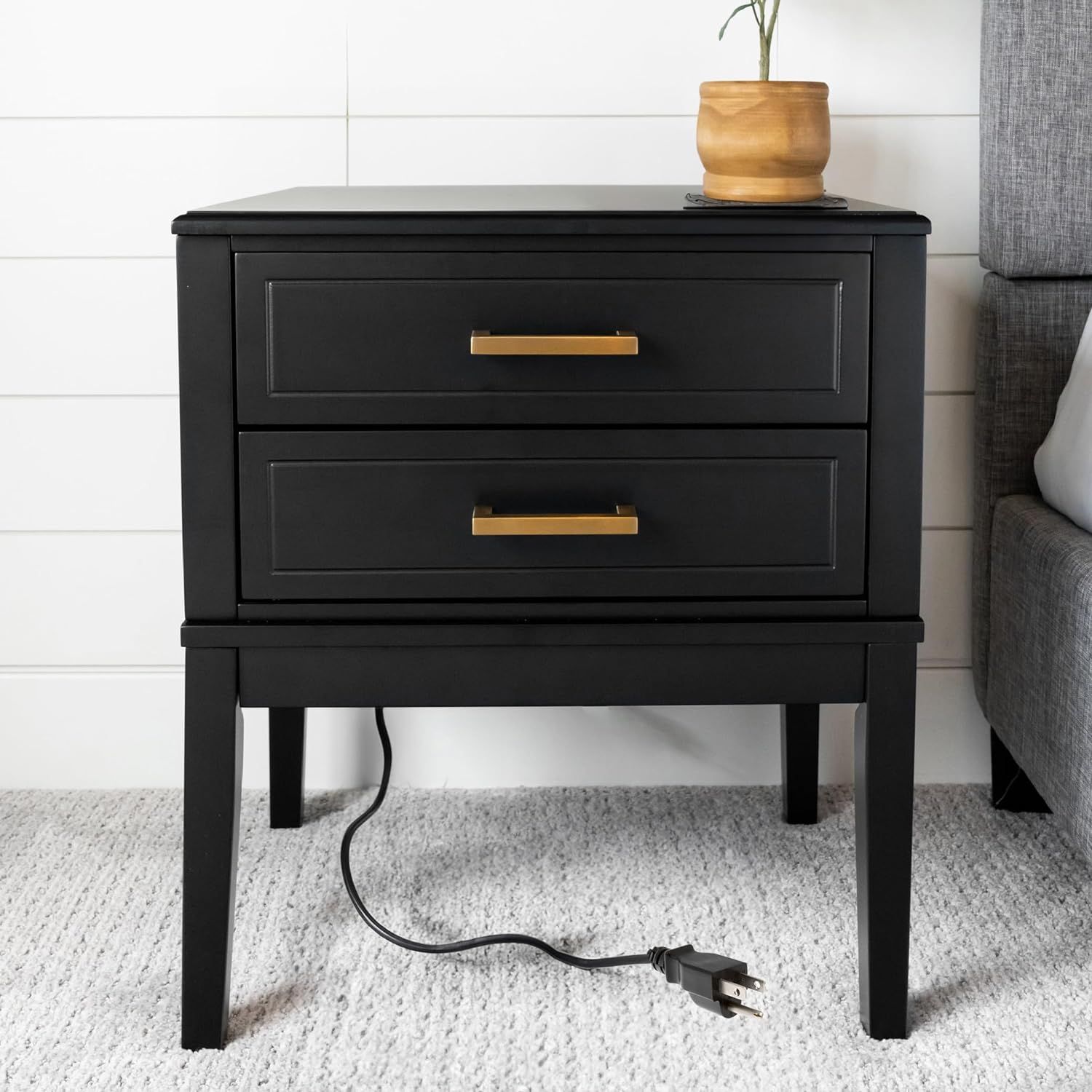 2 Drawer Side Table with Charging Station - Mid Century Modern with Polished Gold Handles, 2 USB ... | Amazon (US)