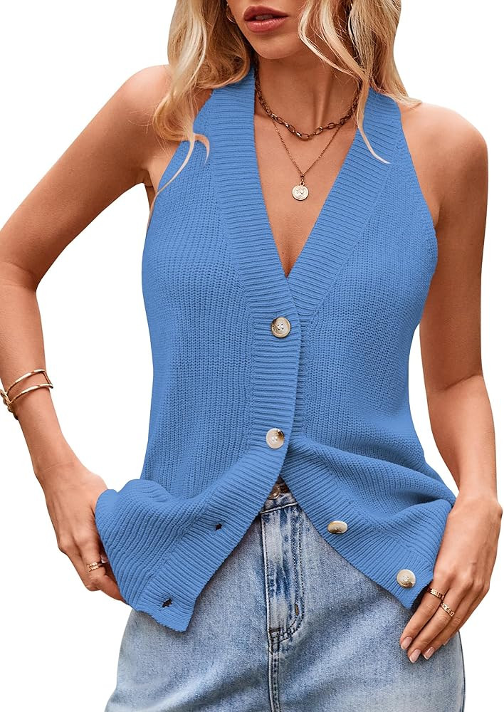 Sumtory Women Sweater Vest Button Down V Neck Knit Tank Top Sleeveless Cardigans | Amazon (US)