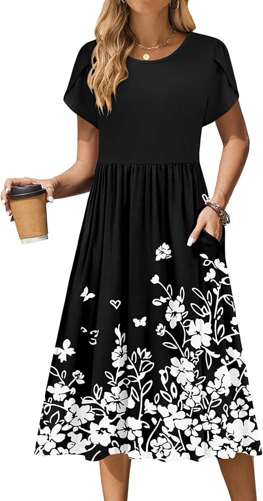 Zeagoo Women Summer Short Sleeve Midi Dress with Pockets Casual Aline Flowy Tshirt Dress Floral V... | Amazon (US)