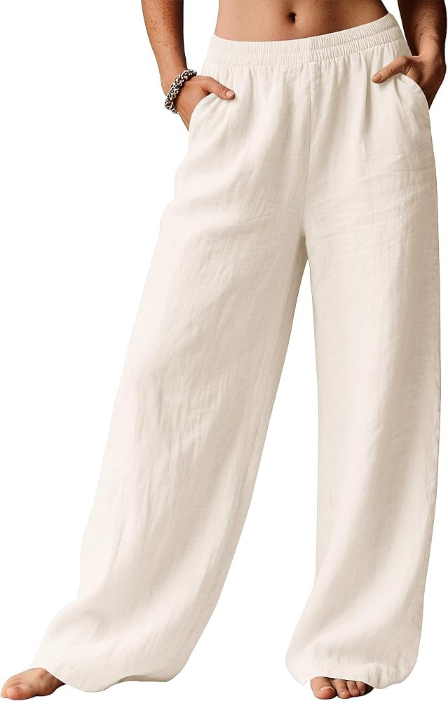 LOMON Linen Pants Women Wide Leg Palazzo Summer Flowy Pants Beach Vacation Clothes Elastic Waist ... | Amazon (US)