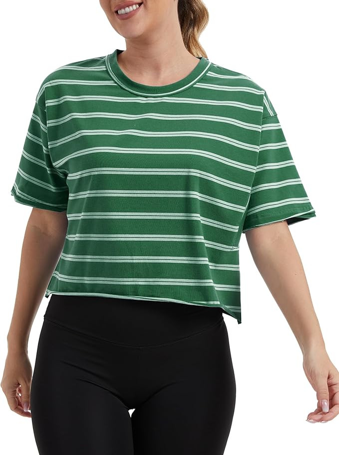 Women's Oversize Workout Crop Tops Casual Short Sleeve Drop Shoulder Boxy T-Shirts Roll Hem Basic... | Amazon (US)