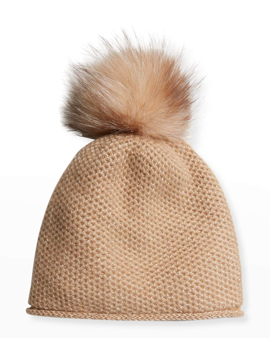 Sofia Cashmere Honeycomb Cashmere Beanie w/ Fox Fur Pompom | Neiman Marcus