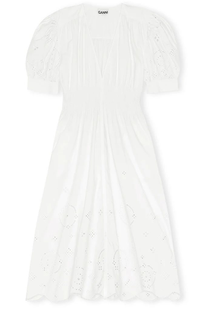 Broderie Anglaise Smocked Dress in Bright White | Hampden Clothing