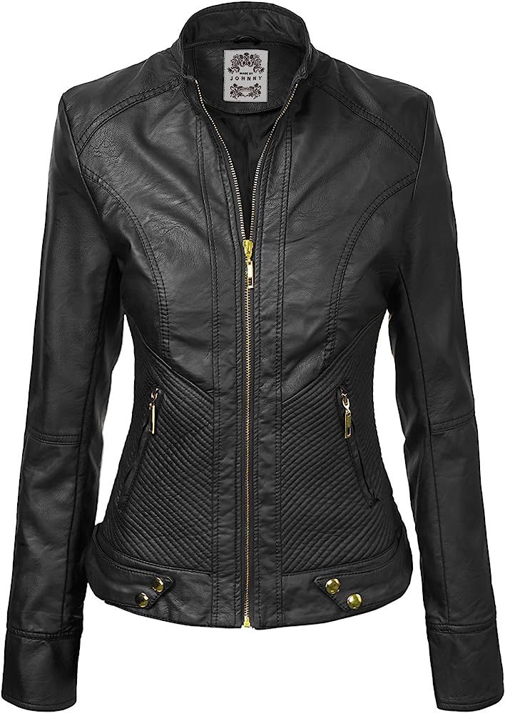 MBJ Womens Faux Leather Zip Up Moto Biker Jacket with Stitching Detail | Amazon (US)
