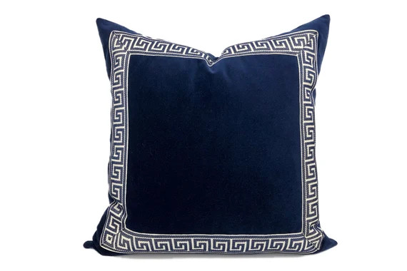 Navy Blue Velvet Pillow Cover with Marine Blue and White Greek Key Trim | Etsy (US)