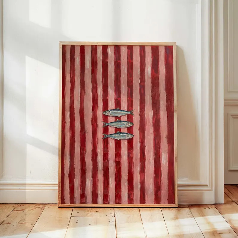 Striped Sardine Wall Art Print, Modern Kitchen Wall Art, Red Coastal Decor, Mediterranean Style P... | Etsy (Global)