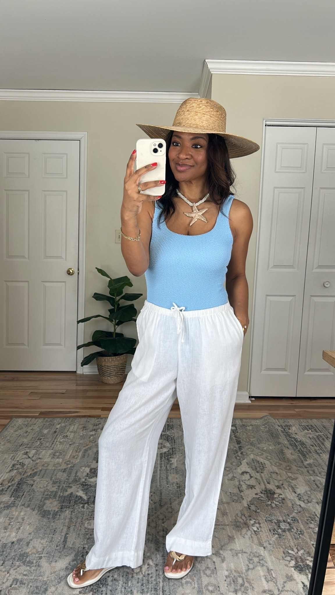 Wearing a medium in this one piece and small in pants. Linking similar pants too. Sandals are TTS 

#LTKootd #LTKOver40