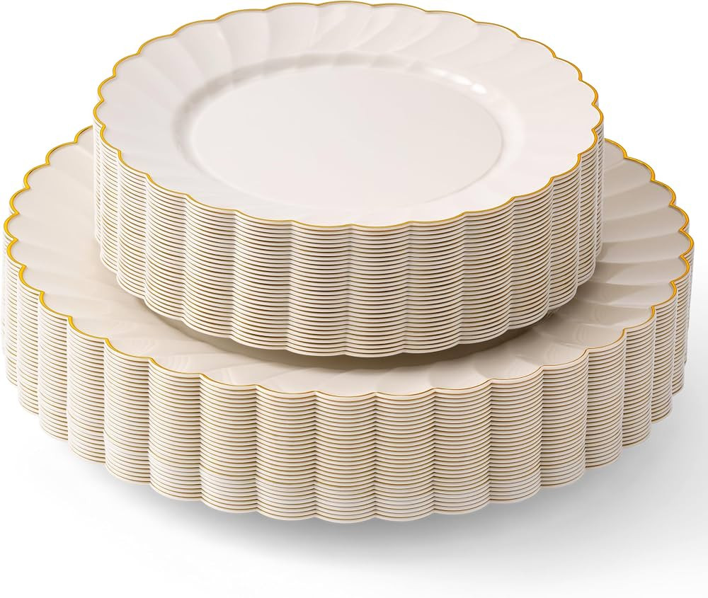 By Madee PREMIUM 60 Pc Ivory Scalloped Plastic Plates with Gold Trim – 30 Dinner & 30 Dessert N... | Amazon (US)